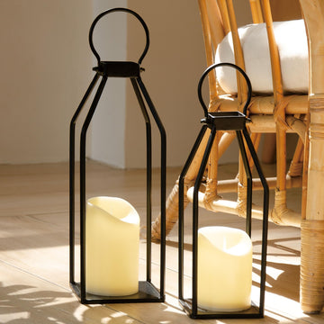 Modern Farmhouse Lantern Decor, 15'' 13'' Set of 2 Black Metal Lantern, 2 LED 6hr Timer Flameless Candles & Remote