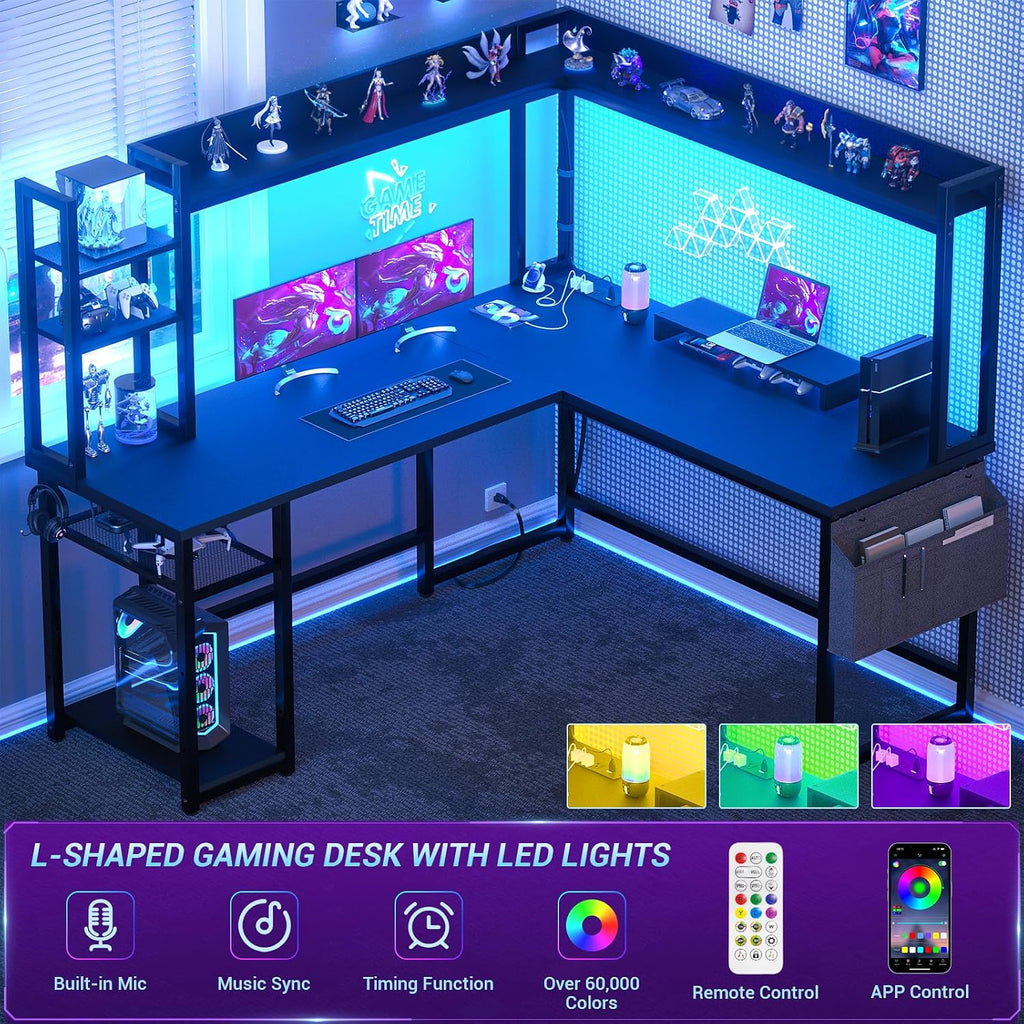 L Shaped Desk Gaming Desk with Power Outlet & LED Light & Monitor | Black 57" Reversible Home Office Desk, Corner