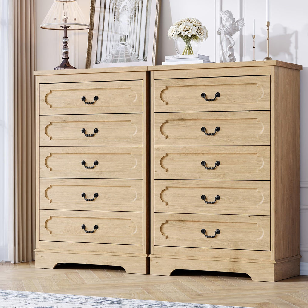 5 Drawer Natural Bedroom 46" Tall Wood Cabinet