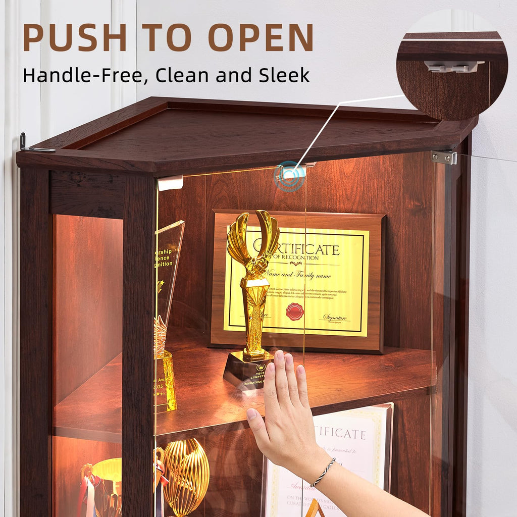 Farmhouse Corner Curio Cabinet with Lock, Walnut