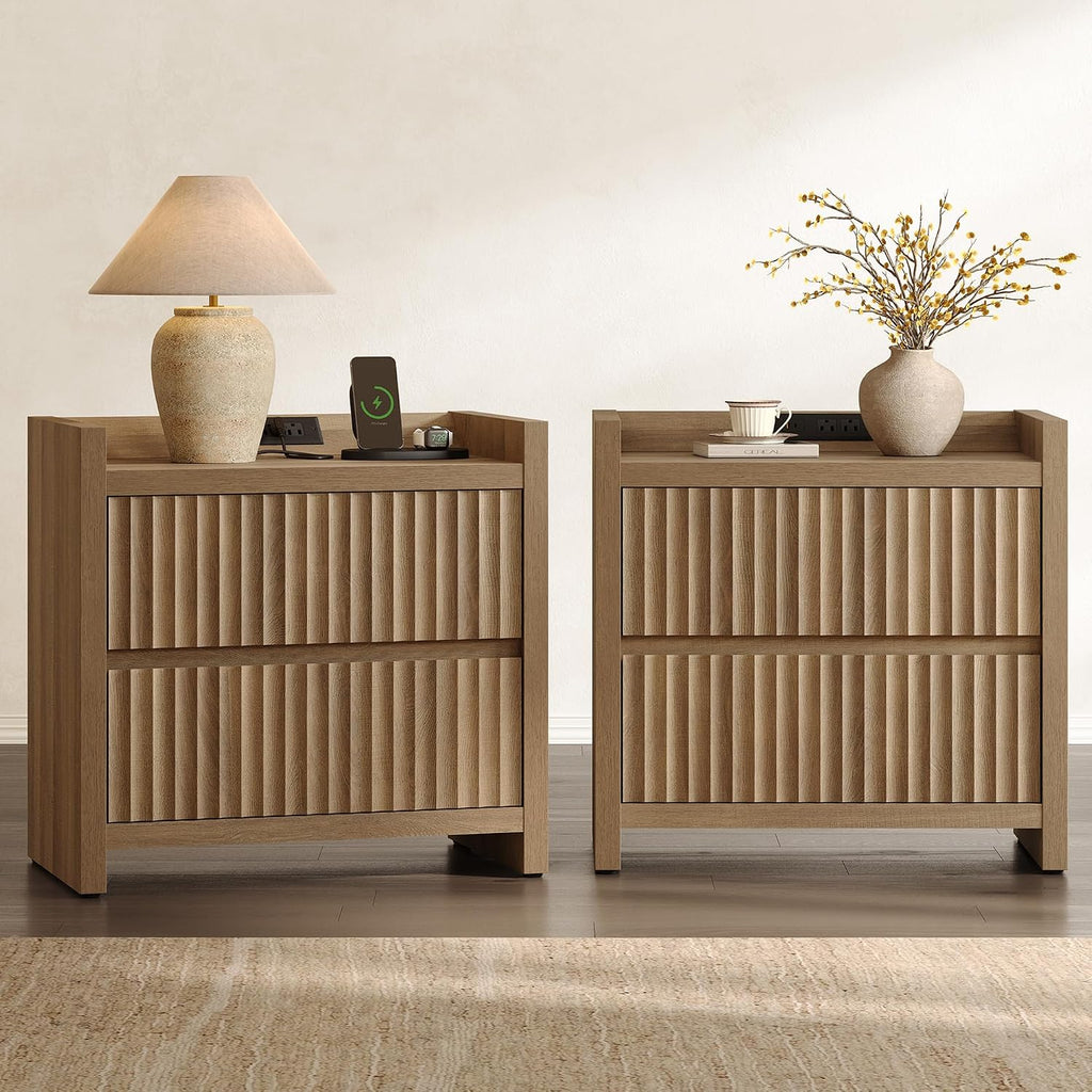 Night Stands Set of 2-Fluted Nightstands with Charging Station- Modern 2 Drawers Nightstand 25" Tall Bedside Table