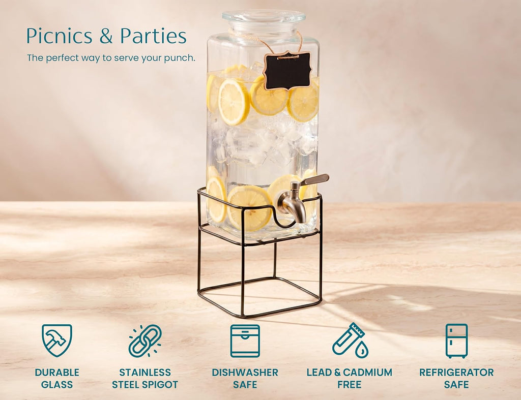 Glass Drink Dispenser, with Stand, 1 Gallon, Serves 15 Cups, Leak-Proof Stainless Steel Spigot, Beverage Storage
