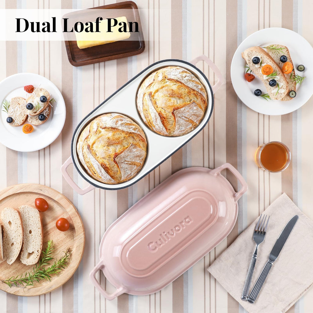 Cast Iron Double Dutch Oven, Mini Enamel Sourdough Bread Pan with Lid, Pink