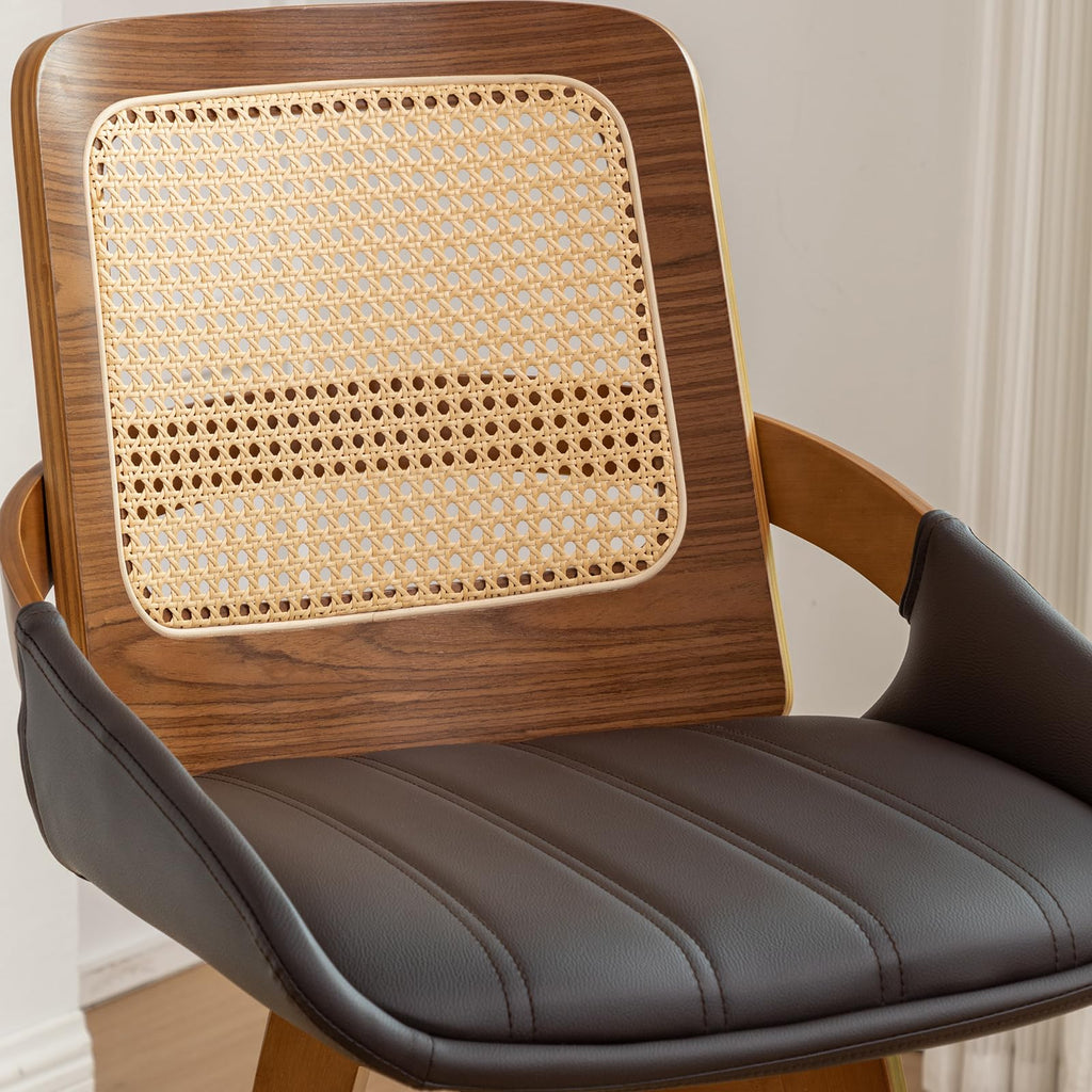 Mid Century Modern Bar Stools - 30 inch Swivel Rattan bar stools with Cane Back, Upholstered Faux Leather, Walnut