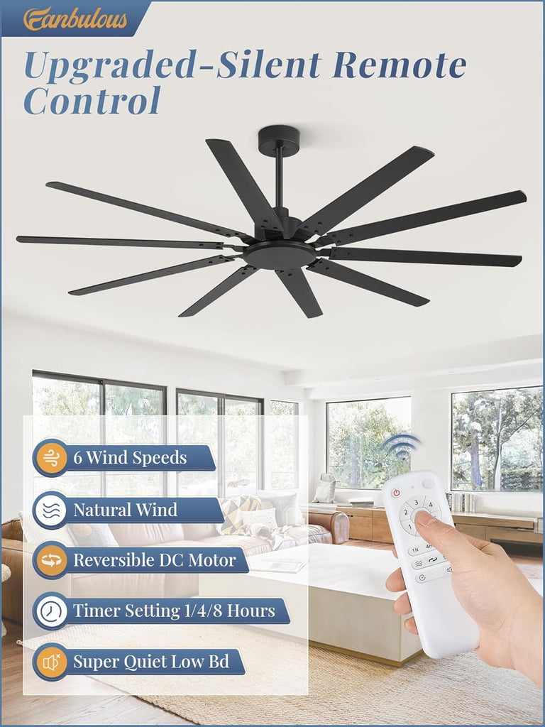 72 Inch Large Ceiling Fan Without Light, Modern Indoor/Outdoor Ceiling Fans No Light with Remote