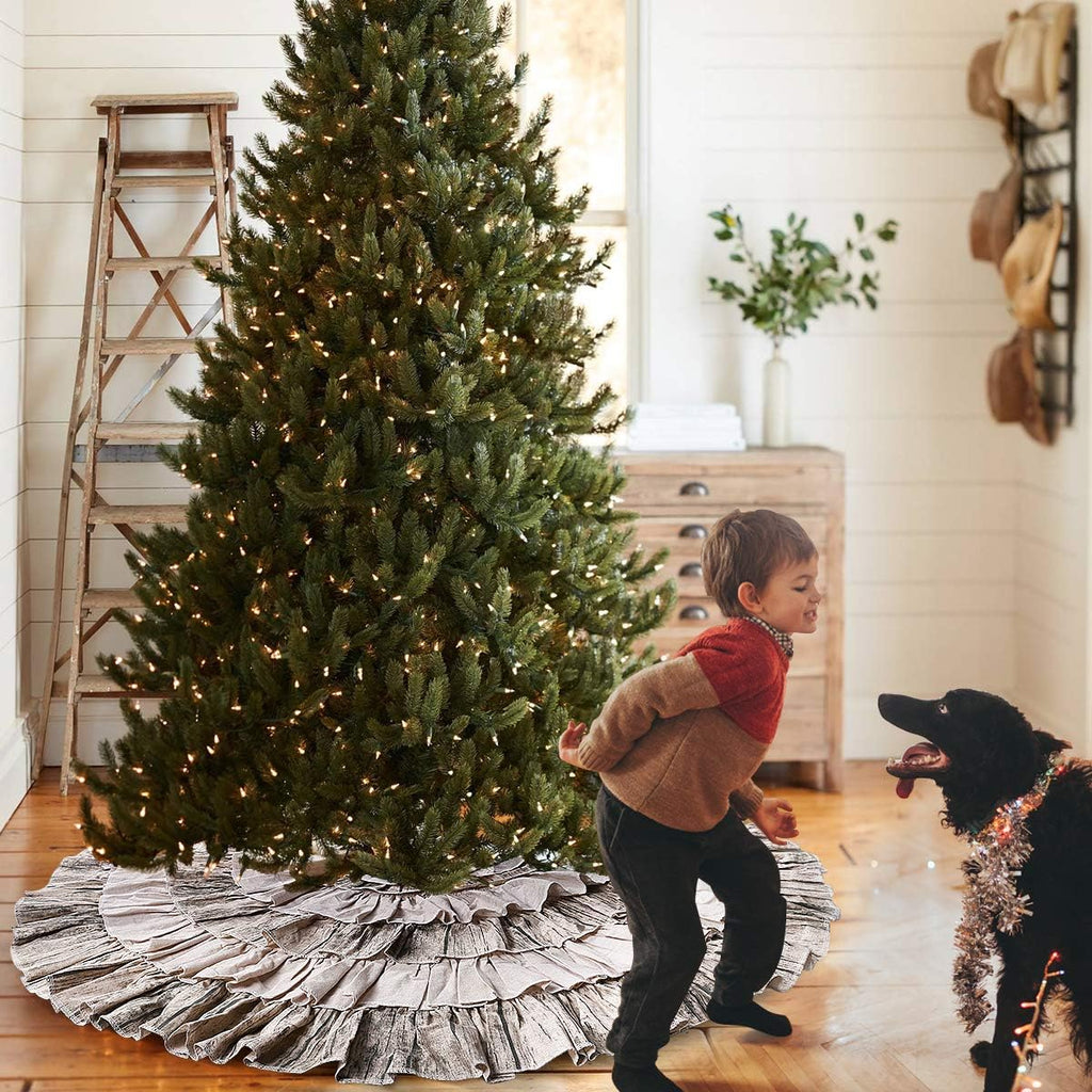 48 Inch Western Farmhouse Tree Skirt, 6-Layer Ruffled Wood Grain & Burlap Design, Rustic Country Cowboy Holiday