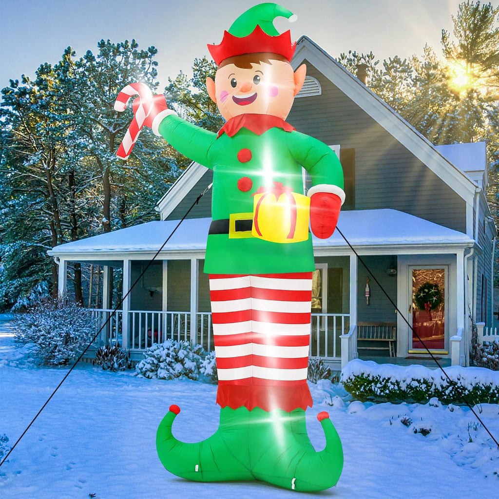 Christmas Inflatables, Giant 15 FT Christmas Elf Inflatable Outdoor Decoration, Blow Up Xmas Elf Holding Box, LED