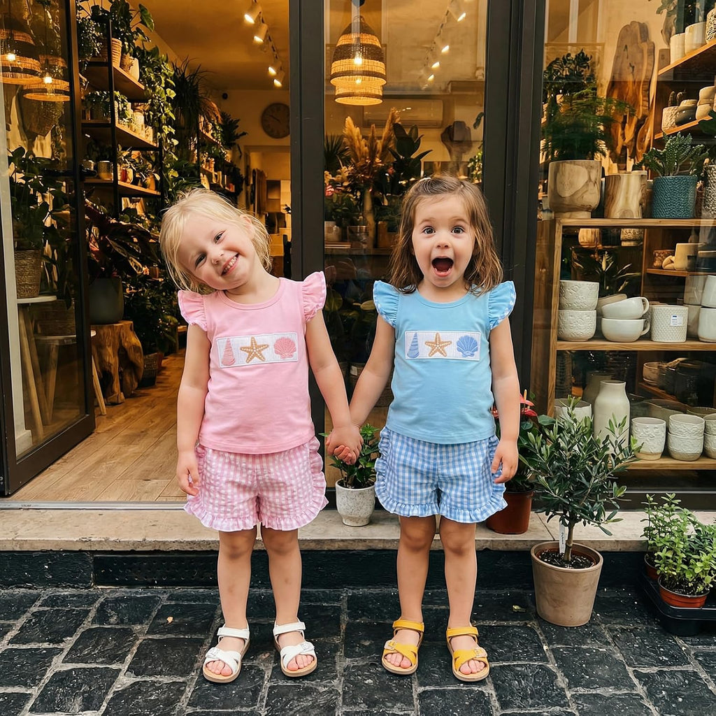 Toddler Baby Girl Summer Outfit Ruffle Sleeve Seashell Embroidery Top Gingham Shorts Set 2pcs Infant Beach Clothes
