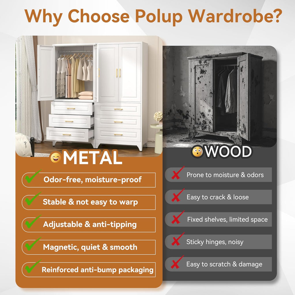 71" White Metal Armoire Wardrobe Closet with Doors and 3 Drawers | Freestanding Tall Steel Clothing Storage Cabinet