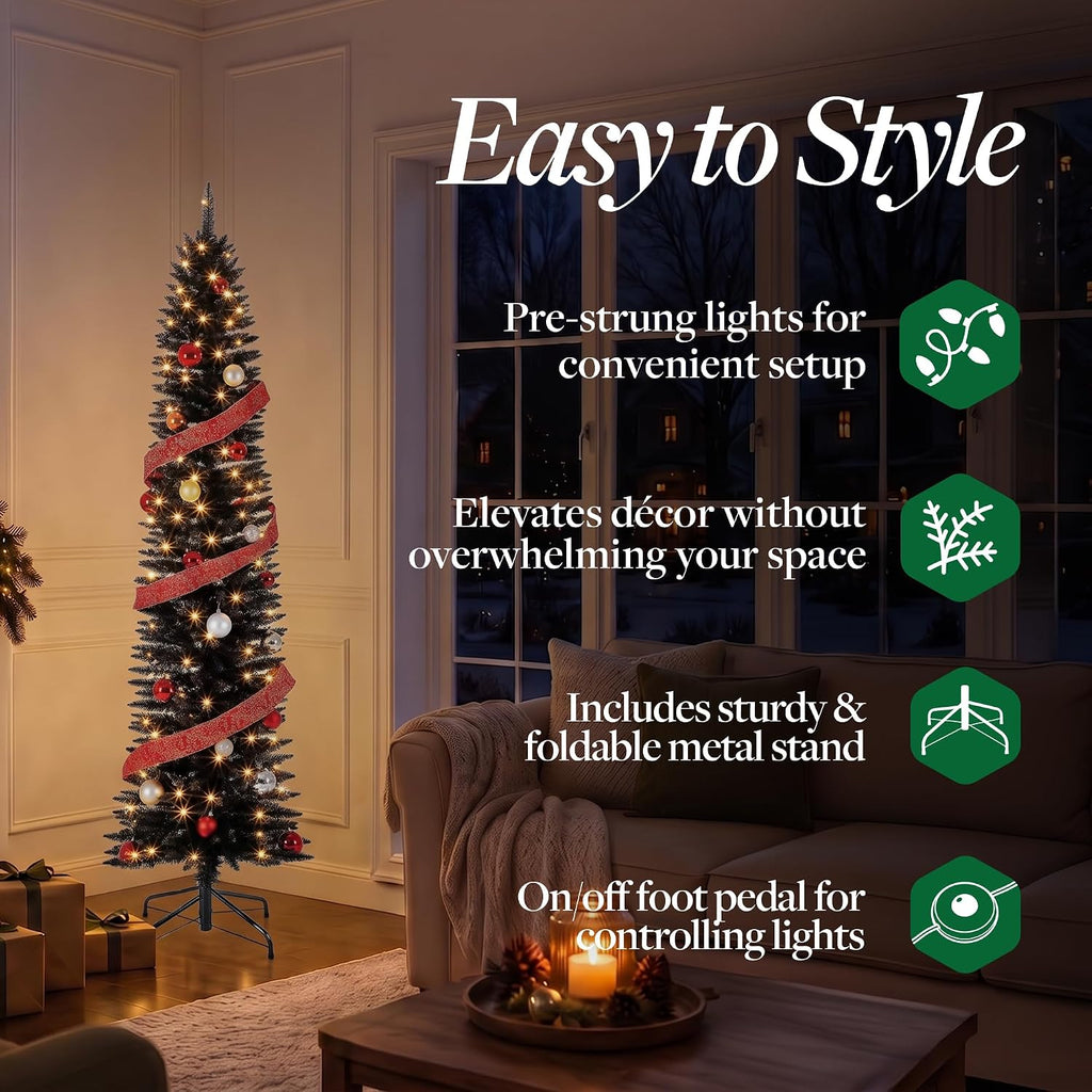 Pre-Lit Slim Black Tinsel Christmas Tree, 150 Lights