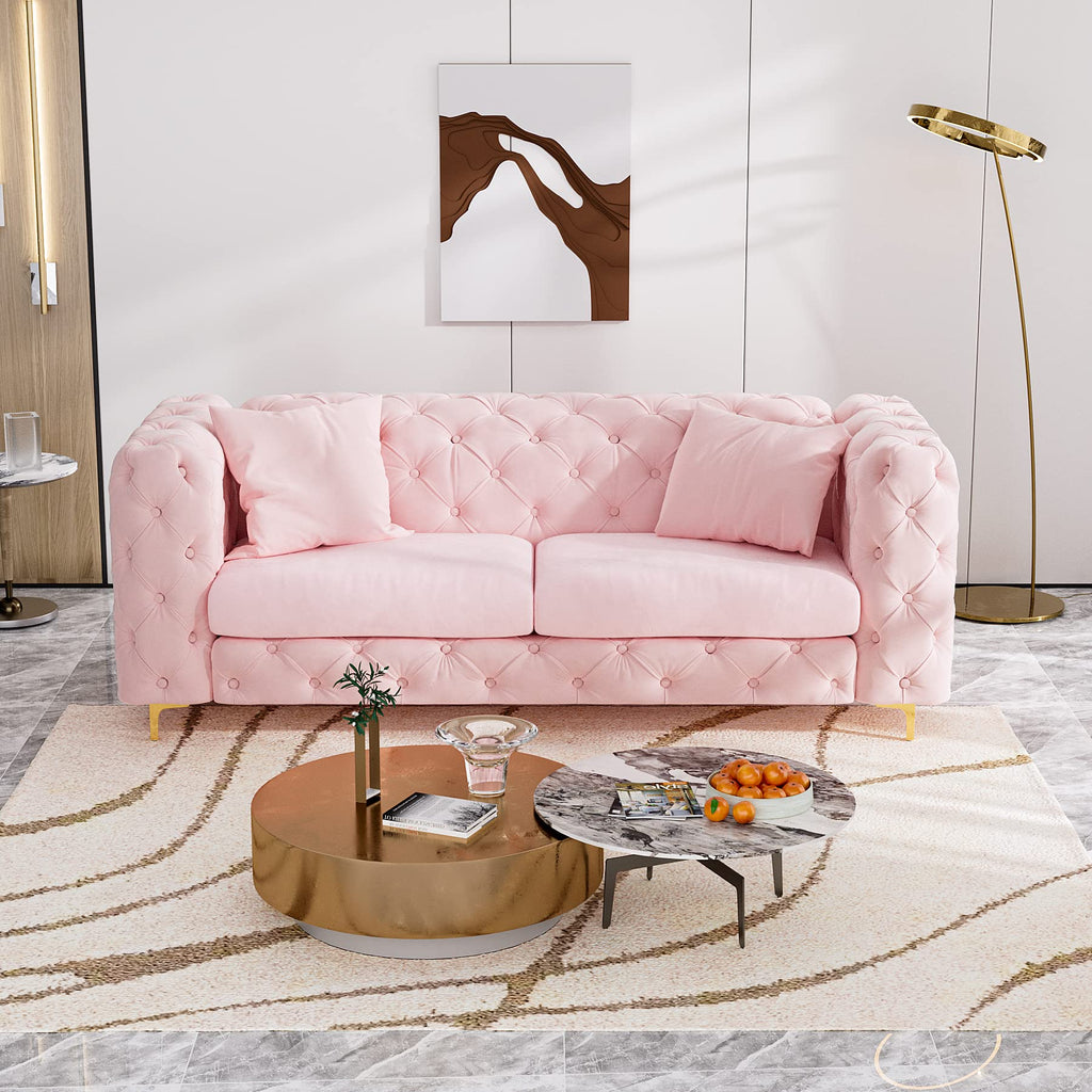 75" Mid Century Modern Sofa with Tufted Back, Gold Metal Legs, Pink