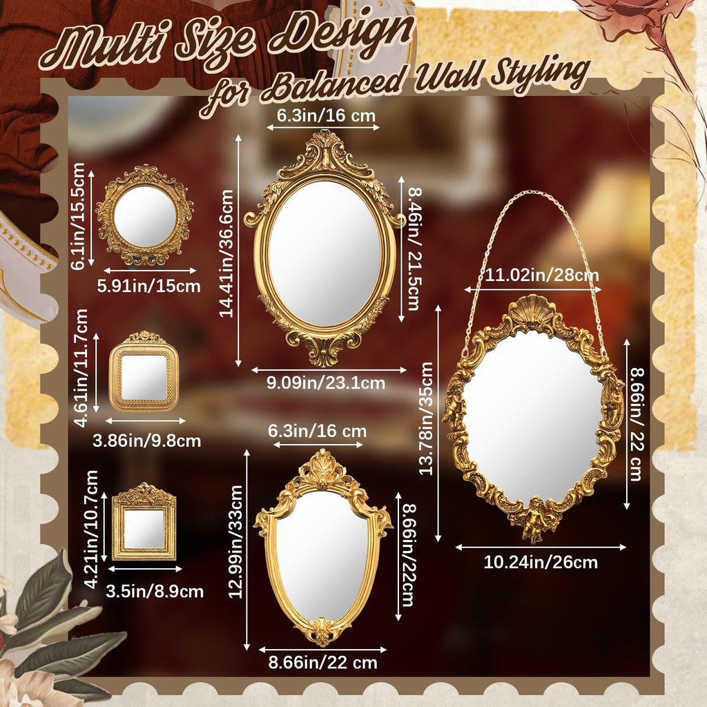 6 Pcs Vintage Gold Wall Mirror Set, Baroque, Bronze Gold