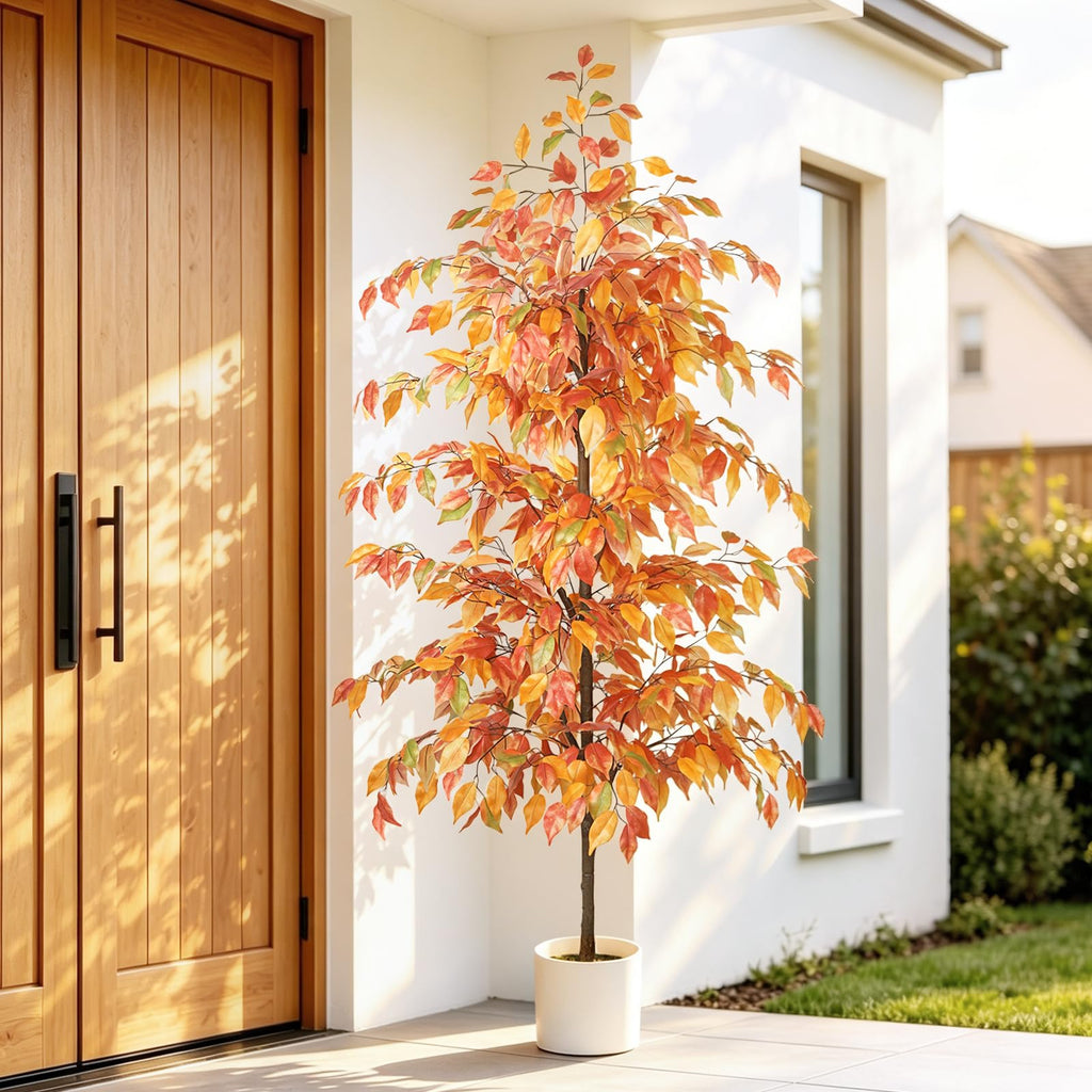 Artificial Ficus Tree 6FT, Faux Fall Tree with White Planter