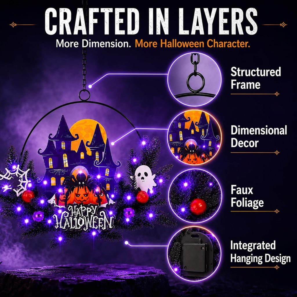 Halloween Decorations Fall Lit Ghost Wreath Twinkling Pumpkins for Front Door Light Up Haunted House Wreath with Bats - Set of 30