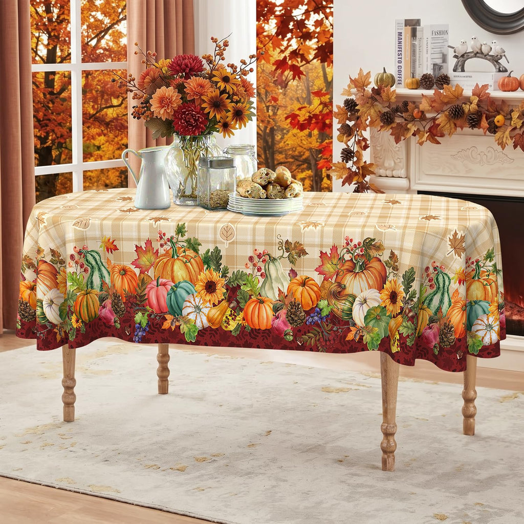 Fall Plaid Oval Tablecloth 60 x 102 Inch, Stain Resistant Washable Fabric Autumn Harvest Pumpkin Table Cloth Oval