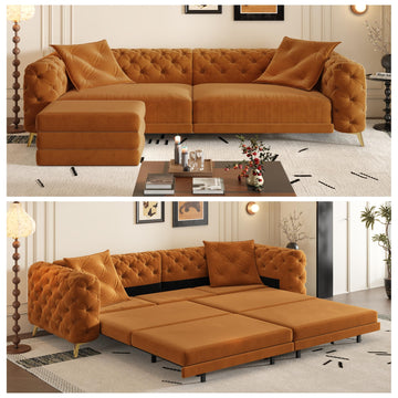 97.7" King Size Sleeper Sofa Bed, 3-in-1 Convertible Pull Out Chesterfield Sleeper Couch with Ottoman, Oversized