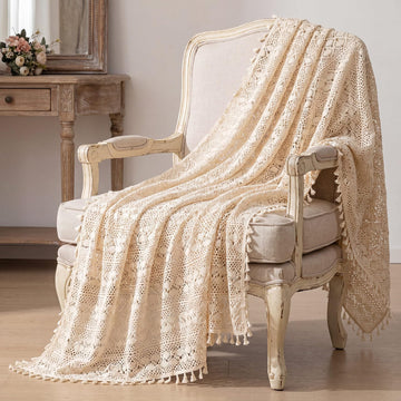 Boho Throw Blanket 50"x60", Vintage Crochet Cotton Blanket for Couch