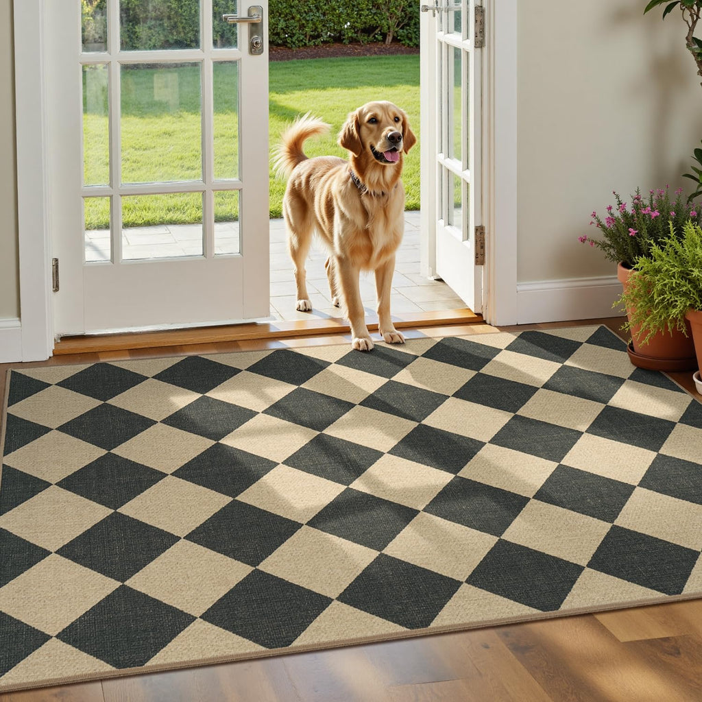 Checkered Outdoor Patio Rug, Washable Easy Jute