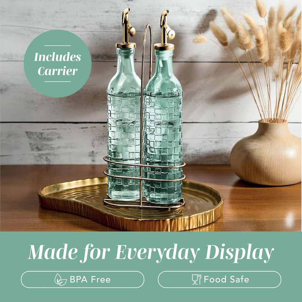 Glass Olive Oil Bottle Dispenser - 2 Pack- 17oz Oil and Vinegar Cruet - Olive Oil Carafe Decanter, Checkered, Green - Set of 2