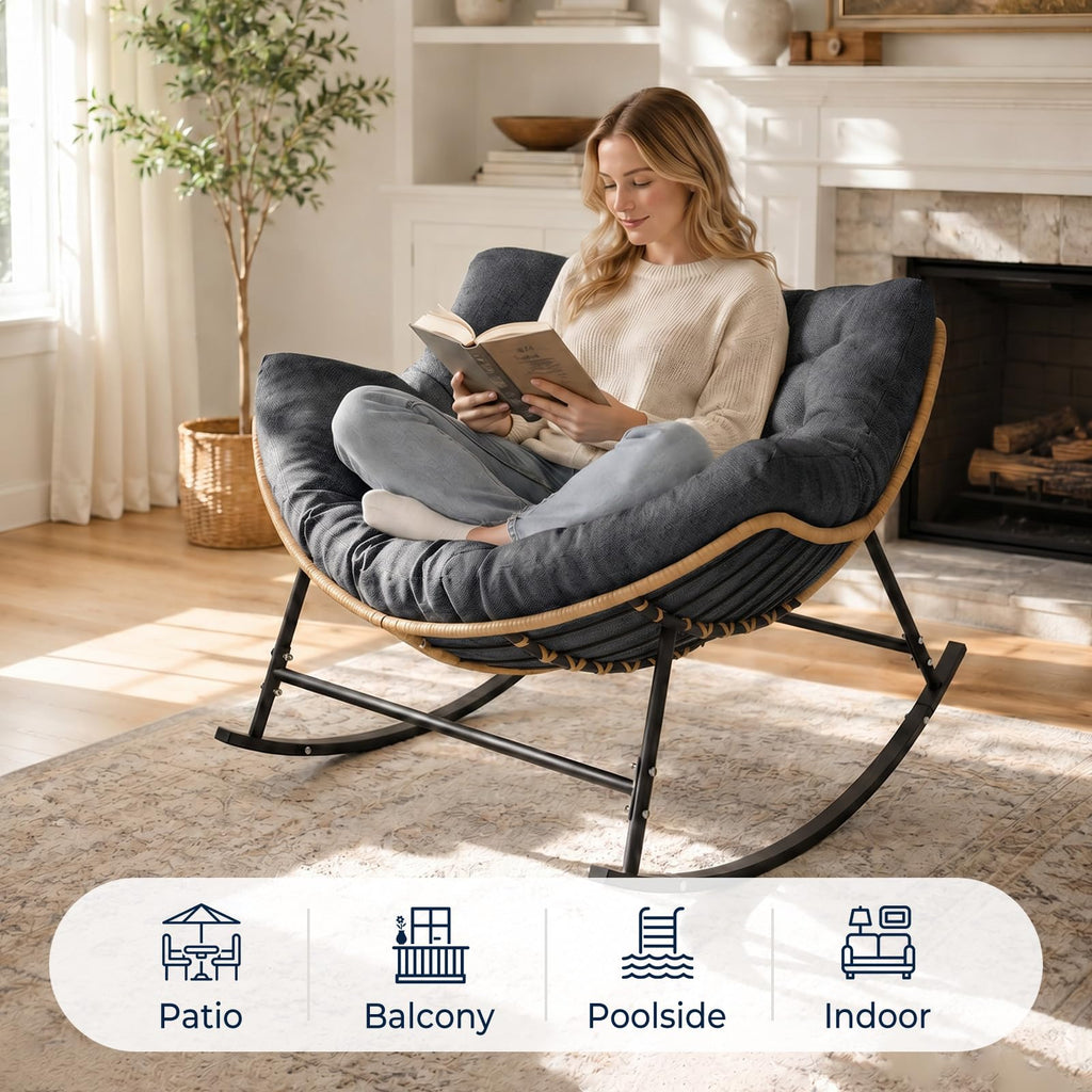 Outdoor Papasan Rocking Chair with Thick Cushion, Dark Grey
