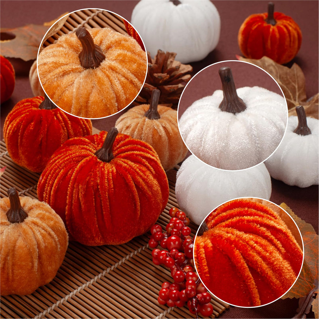 21 PCS Fall Artificial Velvet Pumpkins Set, Fake Fabric Pumpkins Faux Foam Pumpkin, Orange Khaki White Pumpkin