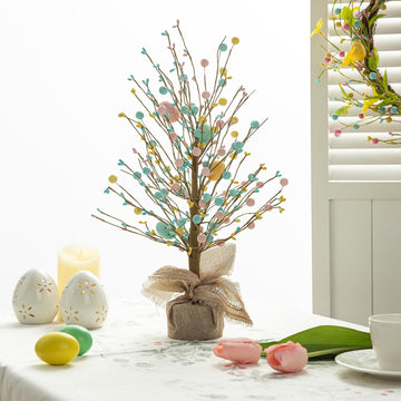 18"H Easter Eggs Table Tree with Burlap Base, Decorative Tree Table Centerpiece for Great Festival Easter Party Home