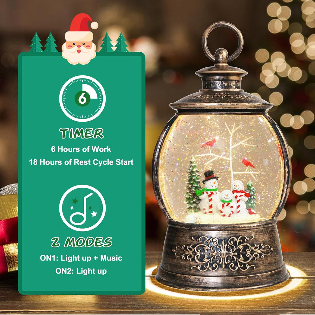Christmas Cardinal Snow Globe 12.5In High, Snowman Musical Snow Globe Lantern Lights with 6 Hour Timer and Batteries
