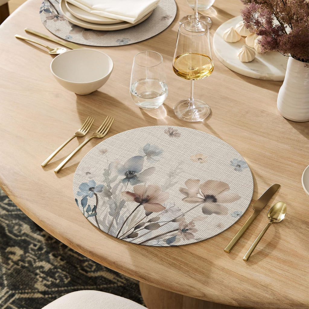 Brown Poppy Floral Round Placemats, 14 Inch Washable Non-Slip Plastic Woven Plastic PVC Place Mats - Set of 4