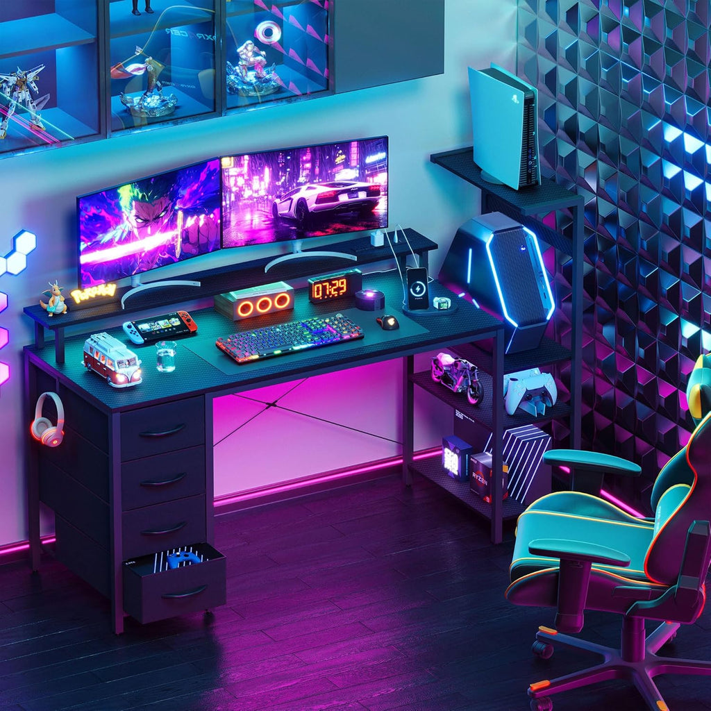 59 Inch Gaming Desk with Drawers & PC Tower Stand & LED Lights, Black | Reversible, Monitor Shelf, Power Outlets