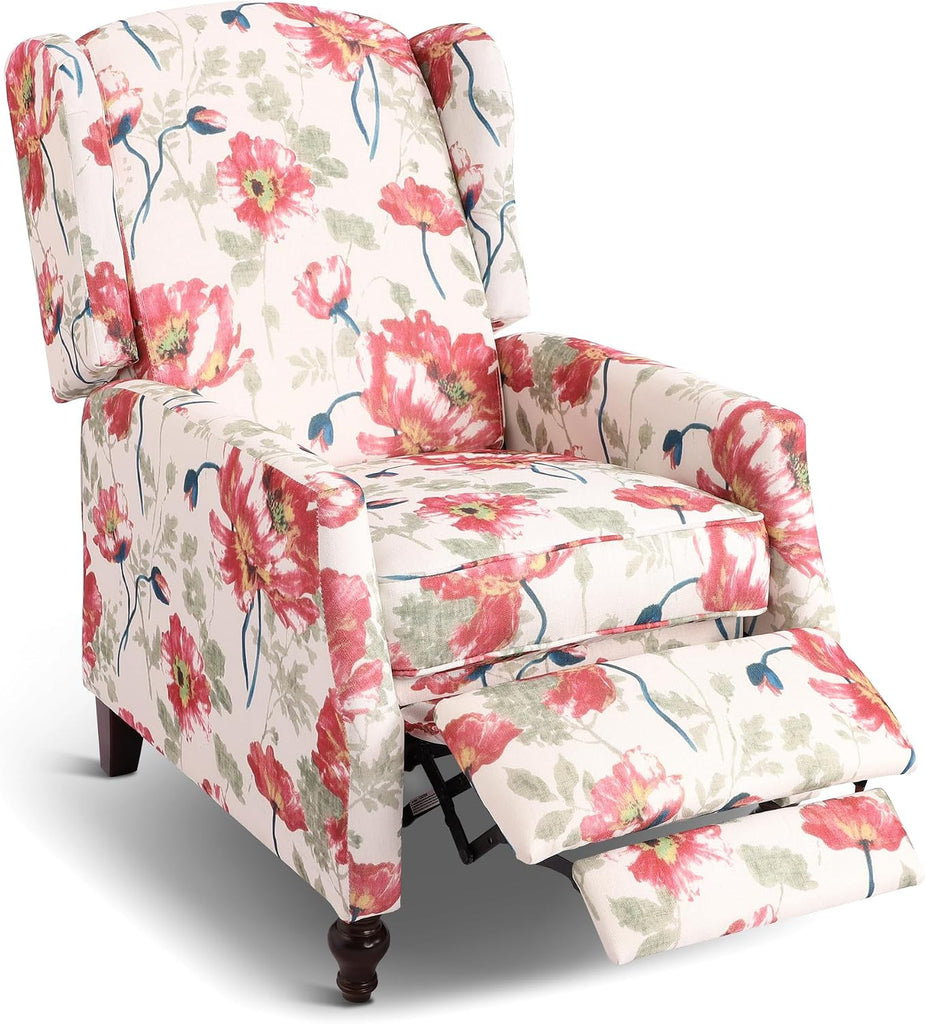 Upholstered Wingback Recliner Chair, Traditional Push Back Recliner Chair with Padded Seat, Fabric Floral Chair