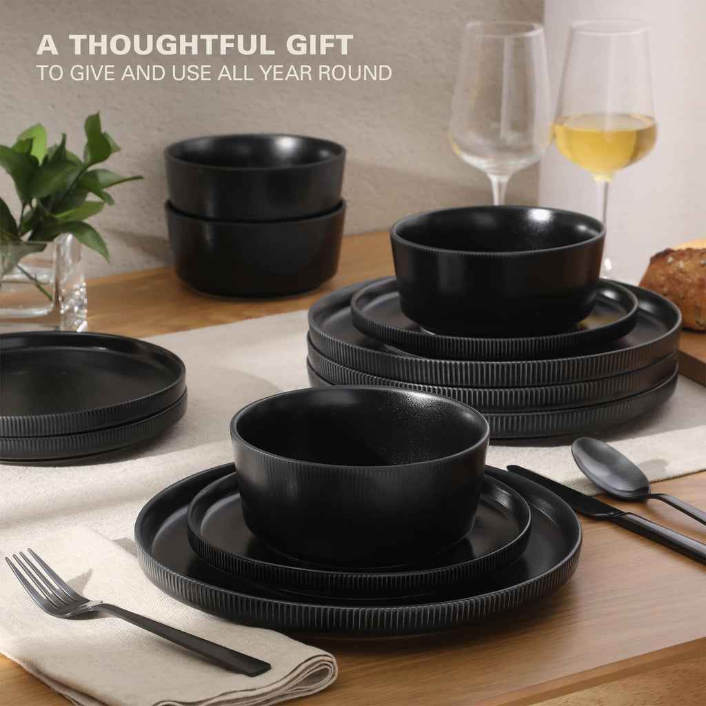 Dempsey Road 12-Piece Stoneware Dinnerware Set - Service for 4, Round Black Plates and Bowls, Durable Solid Color
