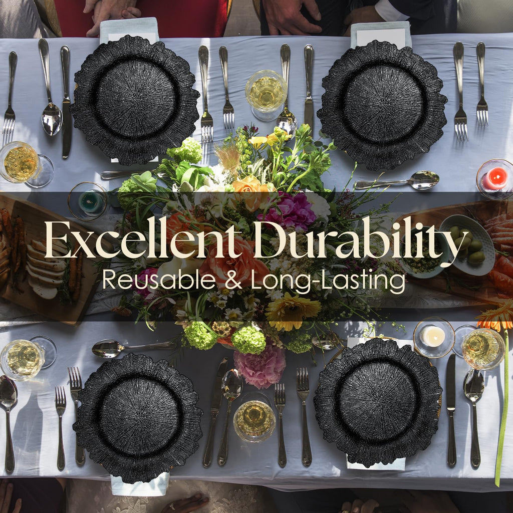 Black Charger Plates Set - 13" Vintage Plastic Dinnerware Set - Reusable Elegant Serving Plates for Parties, Weddings