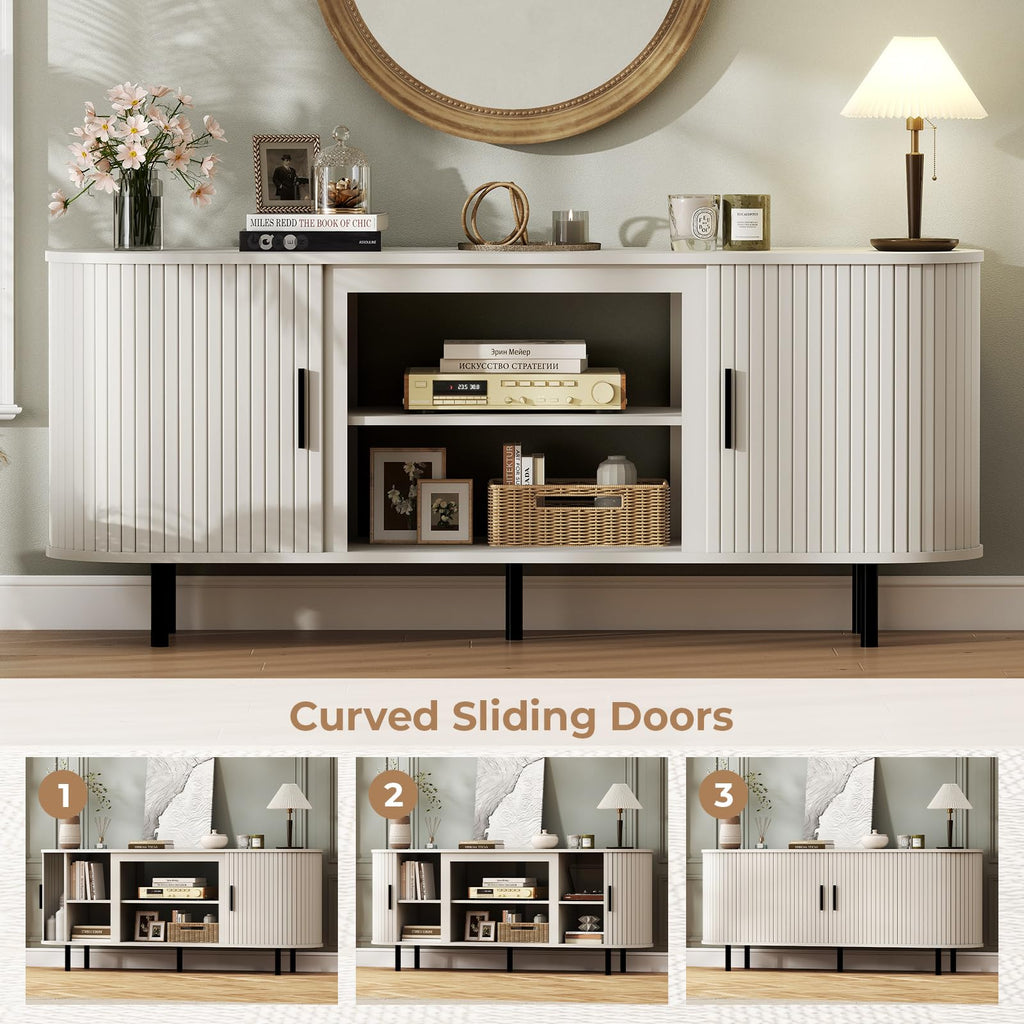 65'' Fluted TV Stand-Curved TV Cabinet with Storage, Sliding Doors & Adjustable Shelves-Modern Entertainment Center
