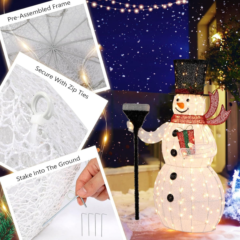 5FT Outdoor Snowman Christmas Decorations, Lighted Outdoor Snowman w/200 LED Lights, Tall Hat, Red Scarf, Ground
