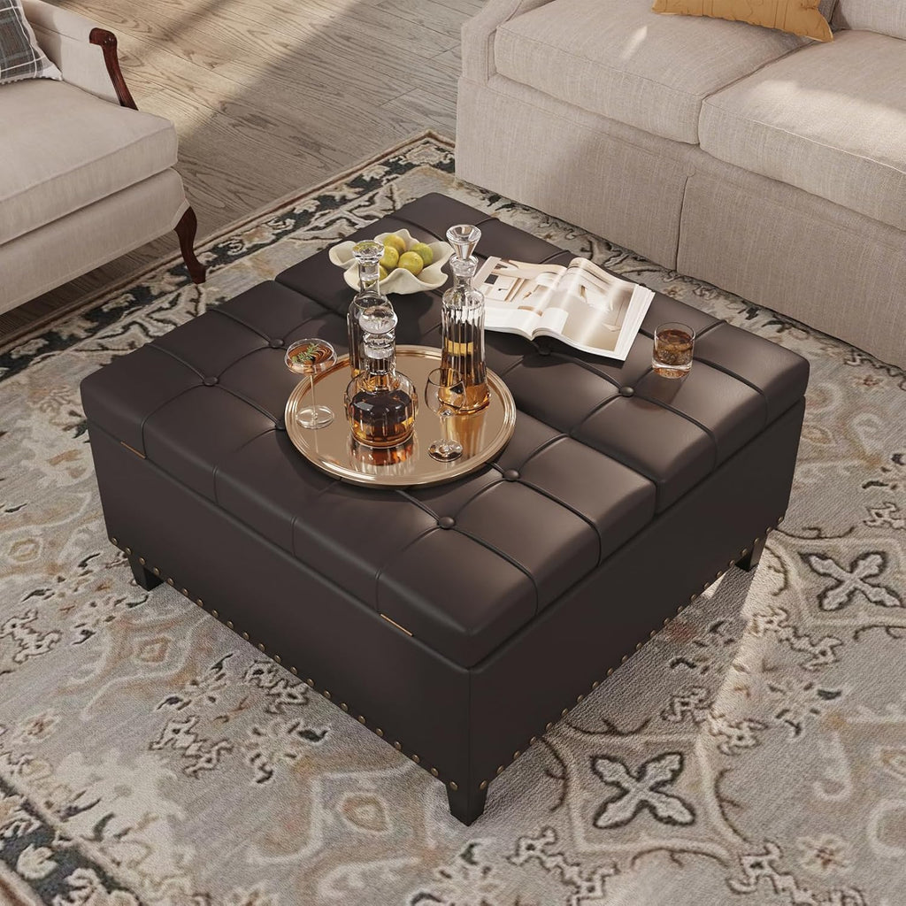 31.5 Inch Large Square Ottoman with Storage,Faux Leather | Coffee Table Storage Ottoman Bench with Lift Top