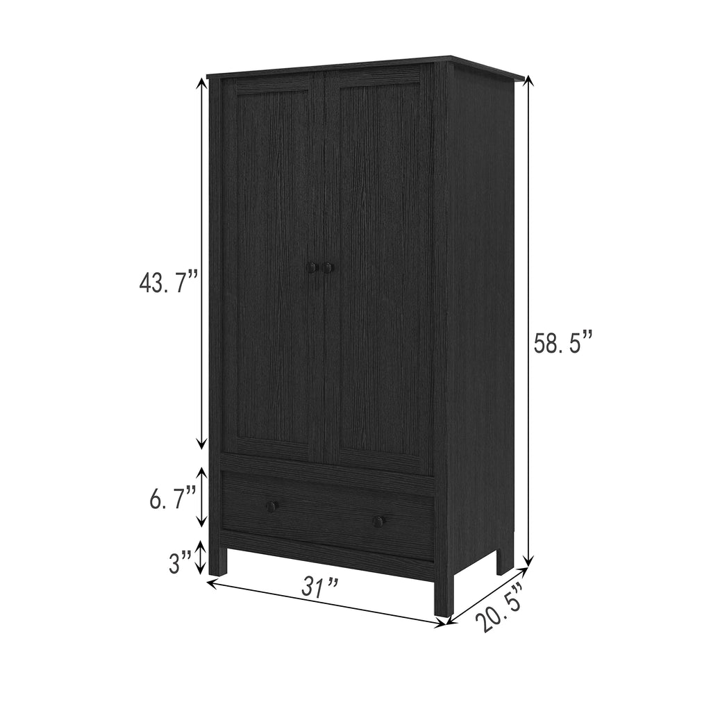 2 Door Wardrobe, Armoire with Drawer (Black)