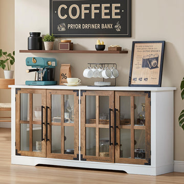 Farmhouse 63" Buffet Sideboard Cabinet with Glass Door, White