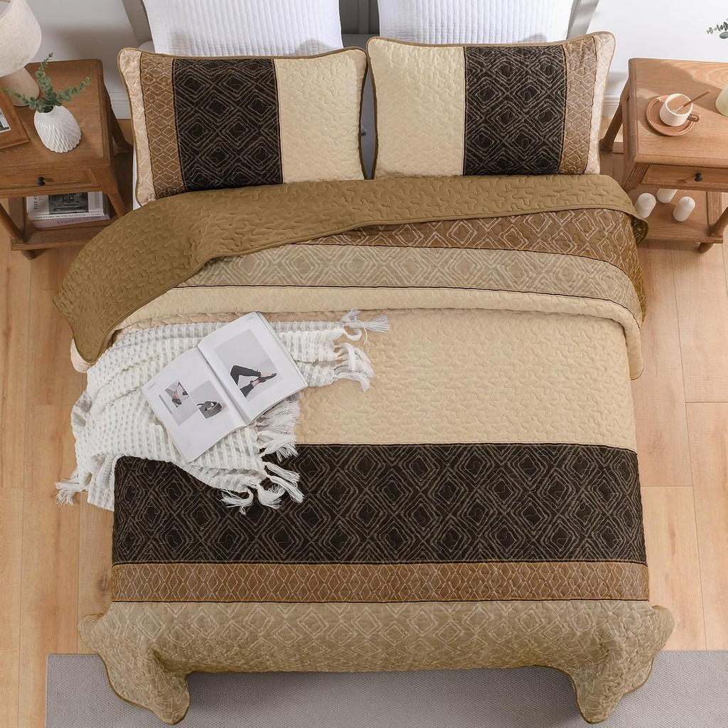 Boho Queen Quilt Set,Striped Plaid Bedspread Coverlet Set,Light Brown Bedding Set Soft Microfiber Bedding Set with 2