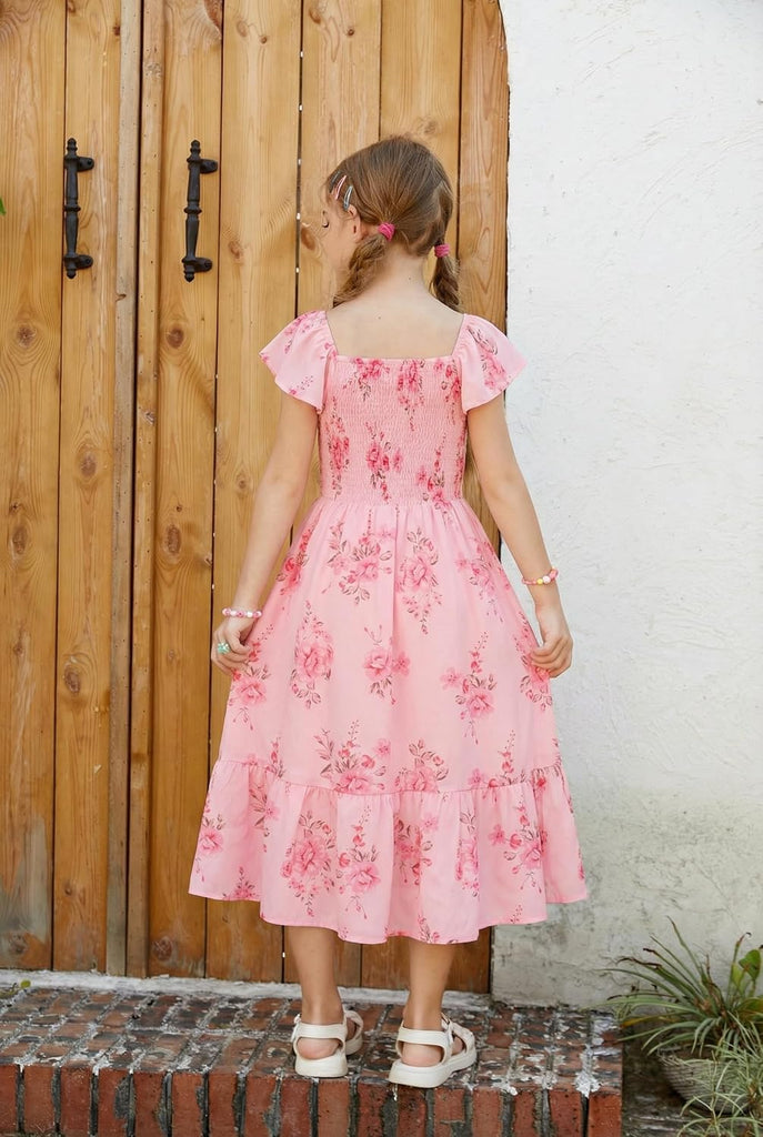 Girls Flutter Sleeve Floral Maxi Dress Spring Summer