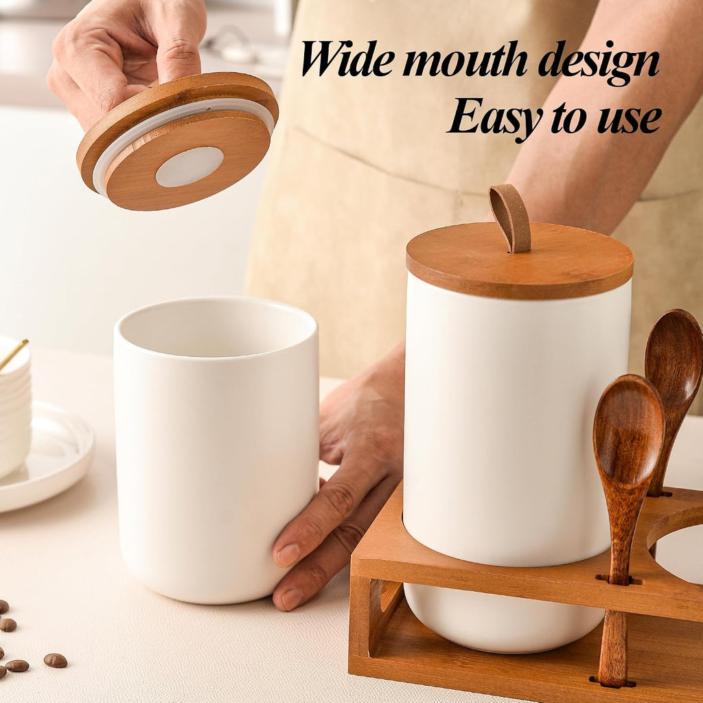 White Ceramic Canister with Bamboo Lids, Wooden Stand & Spoons - 35oz & 28oz Airtight Food Storage Jars - Set of 2