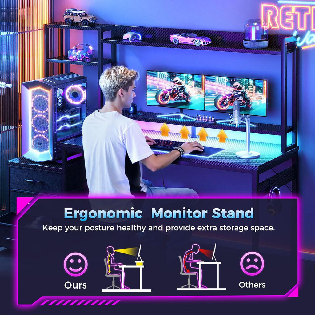 55 Inch Gaming Desk with Hutch & LED Lights & PC Tower Stand | Reversible PC Desk with 3 Fabric Drawers & Power