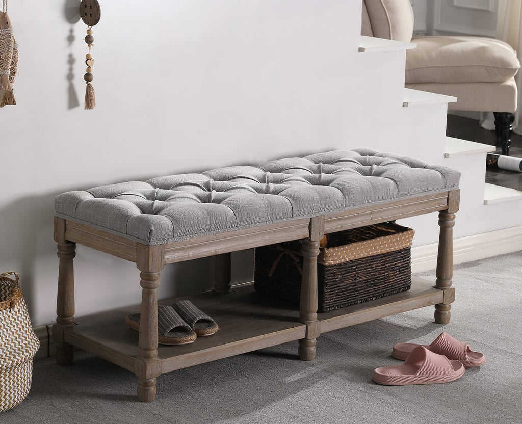 Shoe Rack Bench Storage Vintage Bedroom Padded Bench Seat End of Bed, Fabric Tufted Farmhouse French Entryway Bench
