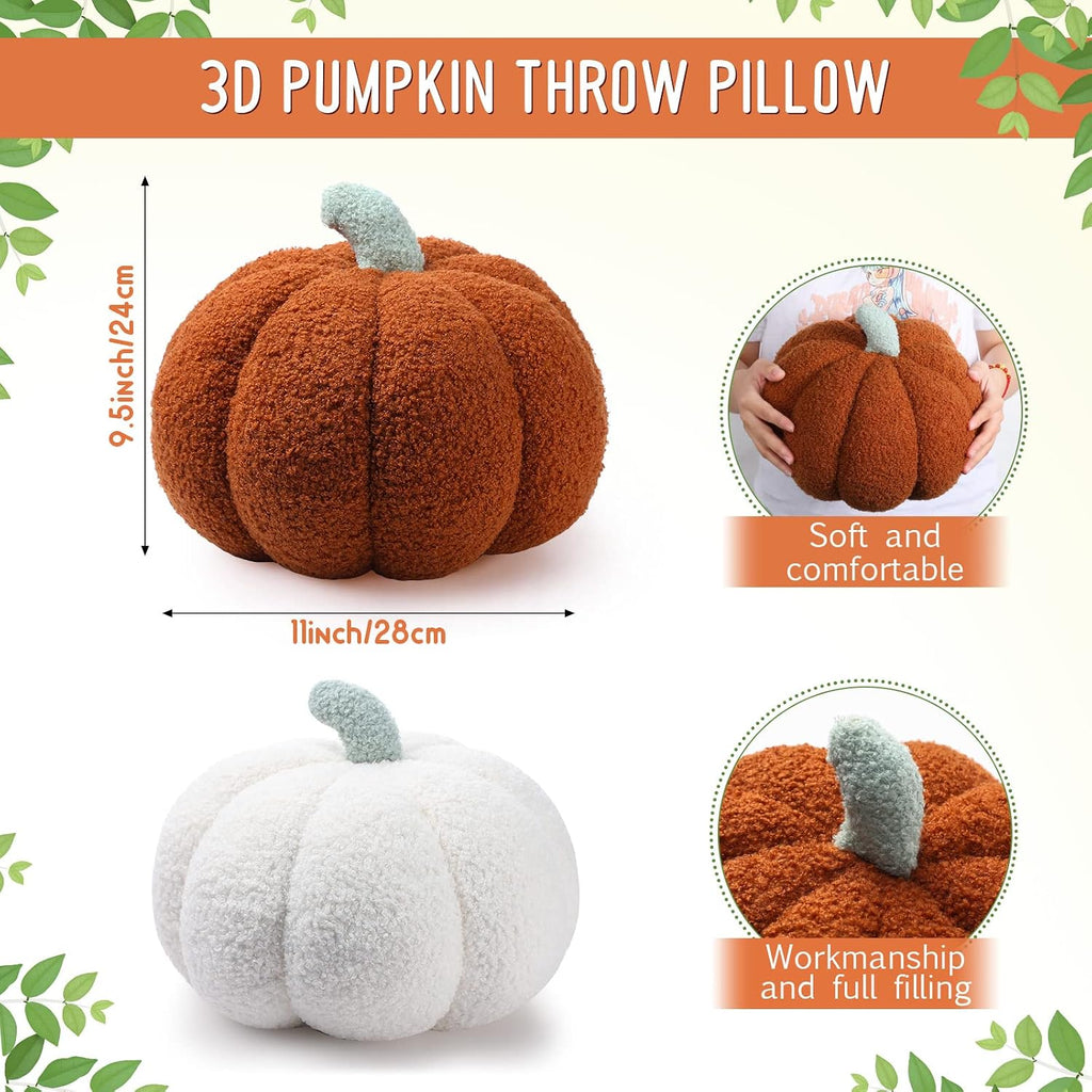 3D Pumpkin Pillow Fall Decor Cushions,White, Brown - Set of 2