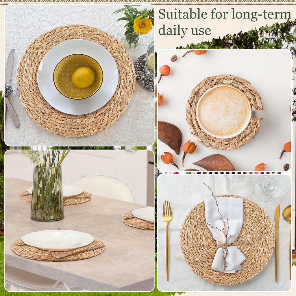 Round Woven Placemats 12 Inch with 6 Coasters 4 Inch Boho Natural Handmade Table Mats Table Decor Farmhouse - Set of 6