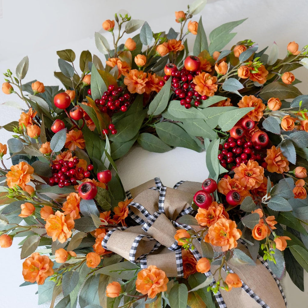 24 Inch Harvest Fall Wreaths for Front Door Outside with Bow & Red Berries