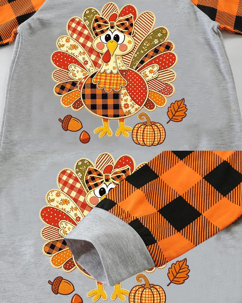 Girl Thanksgiving Shirt Turkey Thankful Orange Plaid Long Sleeve Top