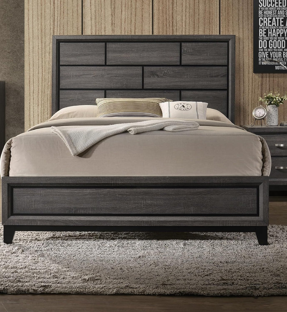 Gray Bed Low Profile Geometric Headboard Solid Wood