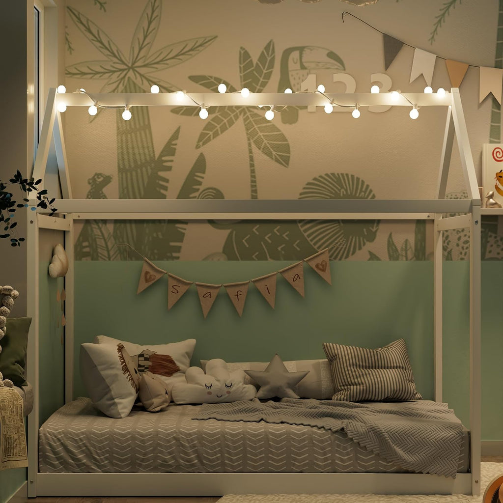 House Bed Frame with LED Lights, Solid Wood Montessori Floor Bed, Low Platform Kids Play House Bed for Boys