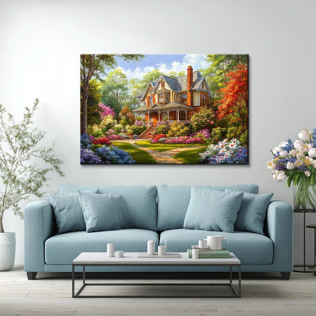 Charming Victorian Style Garden Canvas Wall Art, Rustic Garden Landscape Painting Wall Decor, 40x28 Inch