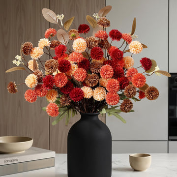 Silk Mums Artificial Fall Flowers with Eucalyptus for Vase - Set of 16